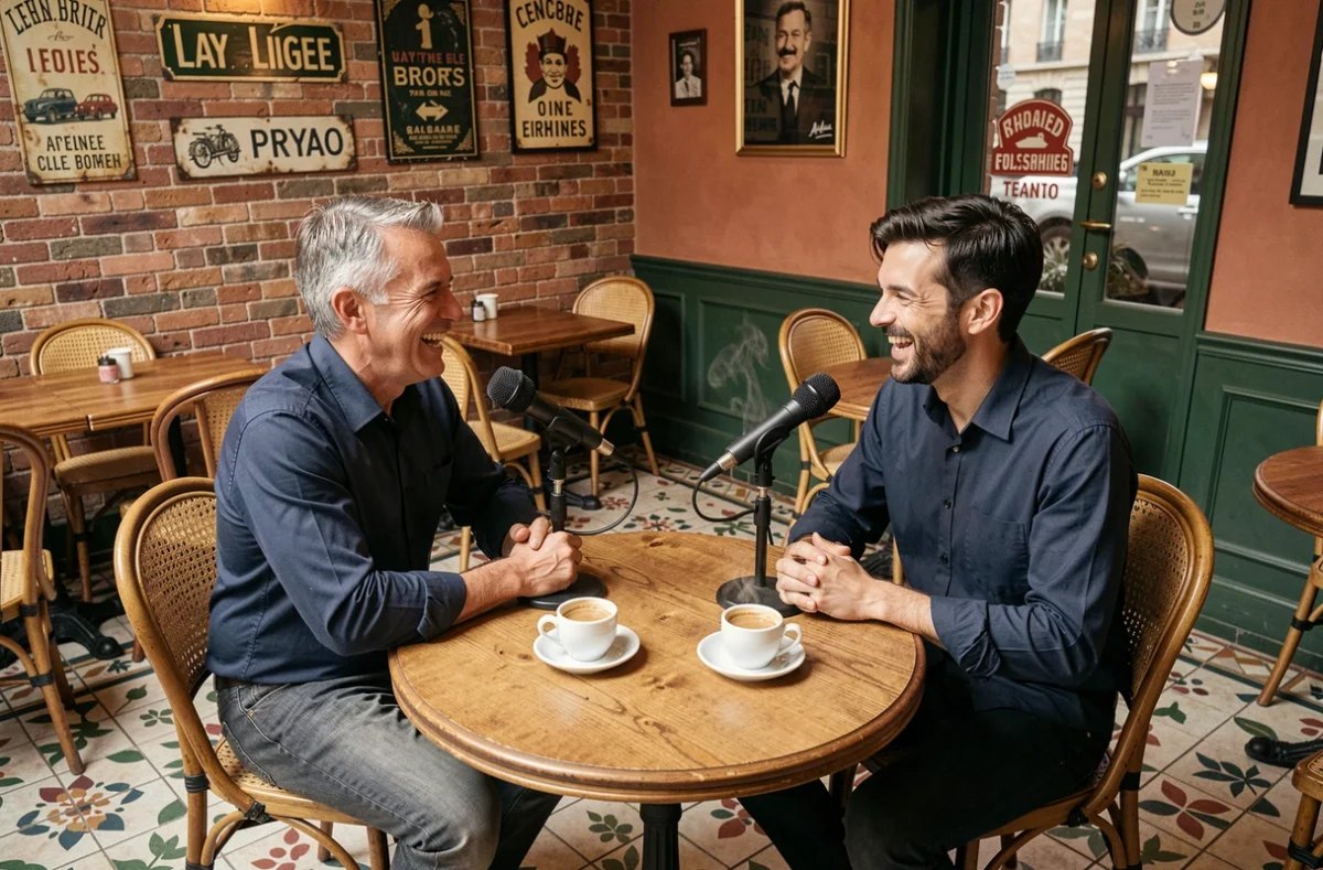 Deux hommes enregistrant un podcast en français dans un café parisien avec microphones posés sur une table en bois