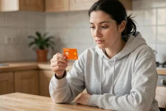 Femme examinant une carte SIM prépayée Orange à la maison, illustrant la durée de validité d'une carte prépayée