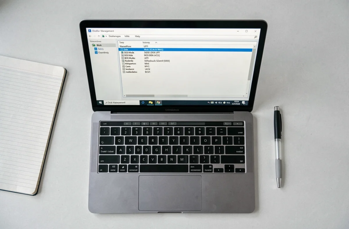 Vue aérienne d'un écran d'ordinateur portable affichant les informations système indiquant le mode UEFI sous Windows