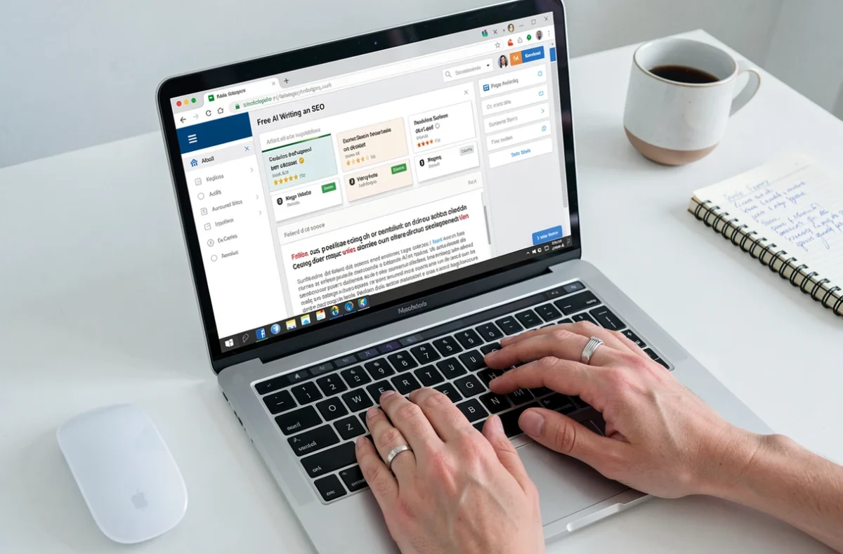 Écran d'un outil IA de rédaction SEO gratuit ouvert sur un bureau avec prise de notes