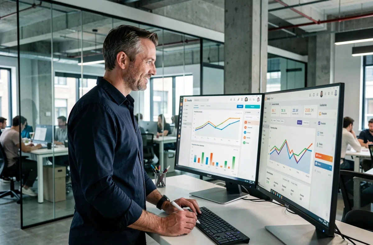 Entrepreneur analysant des données de conversion e-commerce Shopify sur un tableau de bord analytique dans un espace de coworking moderne