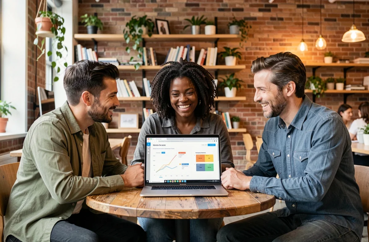 Une équipe marketing collaborant autour de données analytiques générées par intelligence artificielle dans un espace de co-working
