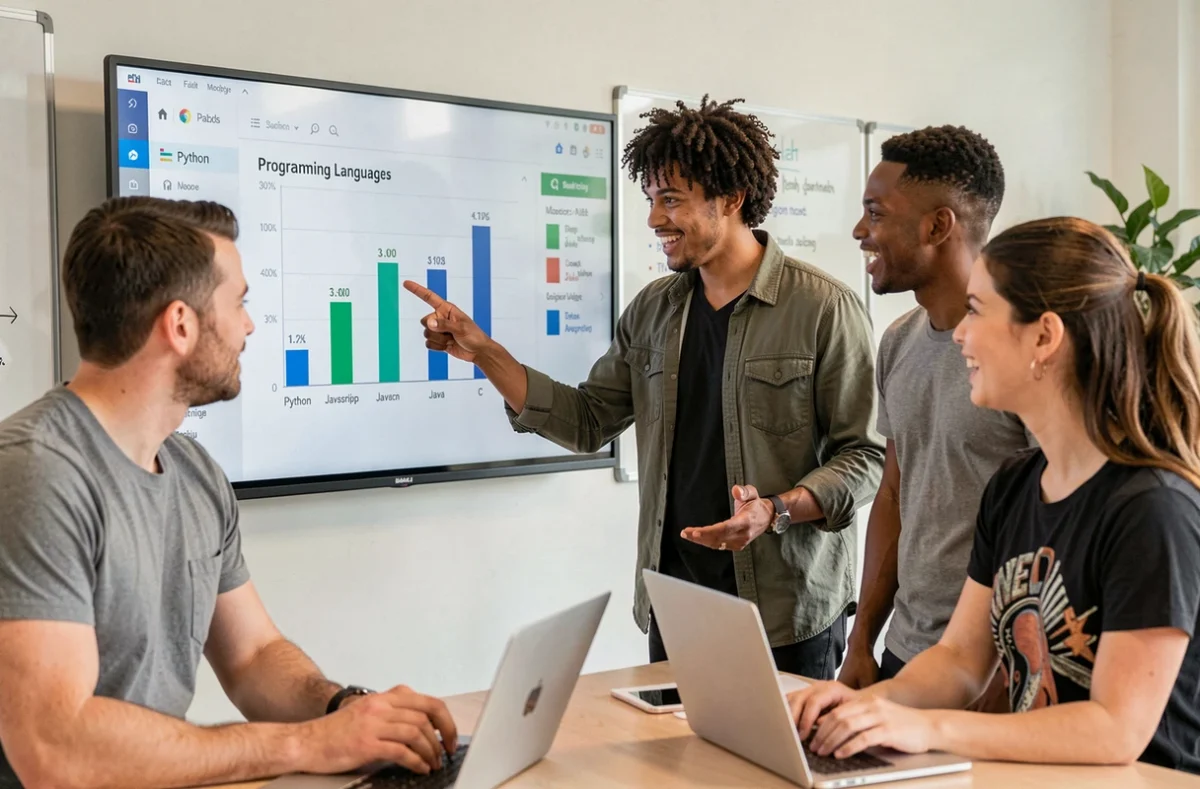 Équipe de développeurs discutant d'un classement des langages de programmation les plus utilisés sur un écran partagé