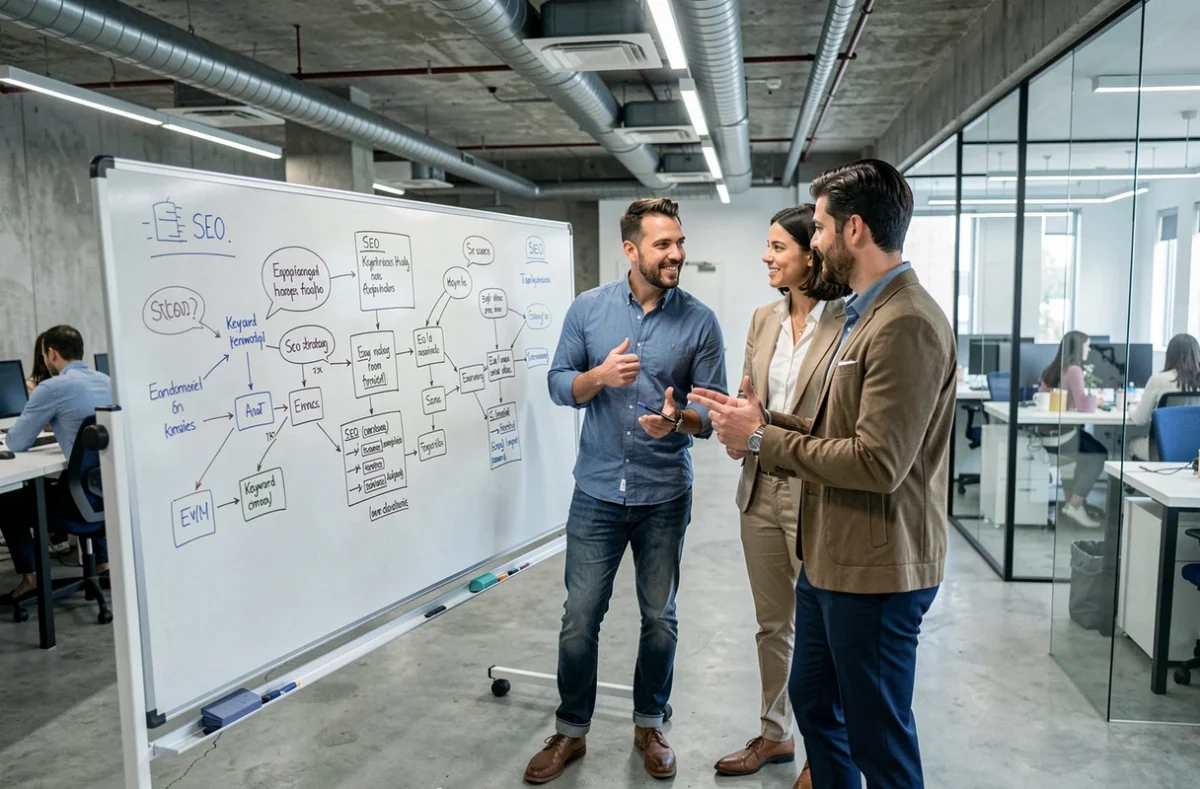 Une équipe marketing discutant d'une stratégie SEO devant un tableau blanc dans un espace de coworking