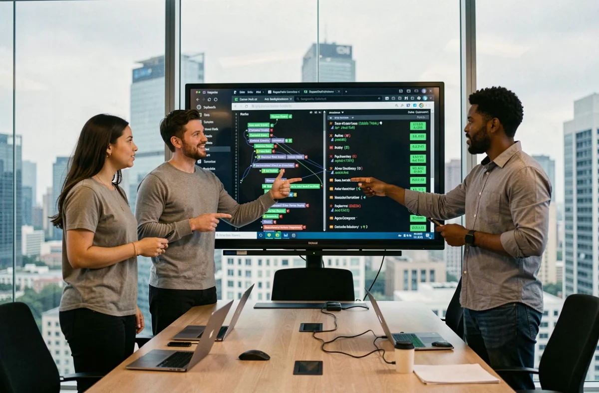Équipe de testeurs logiciels analysant un pipeline d'intégration continue sur un grand écran en salle de réunion