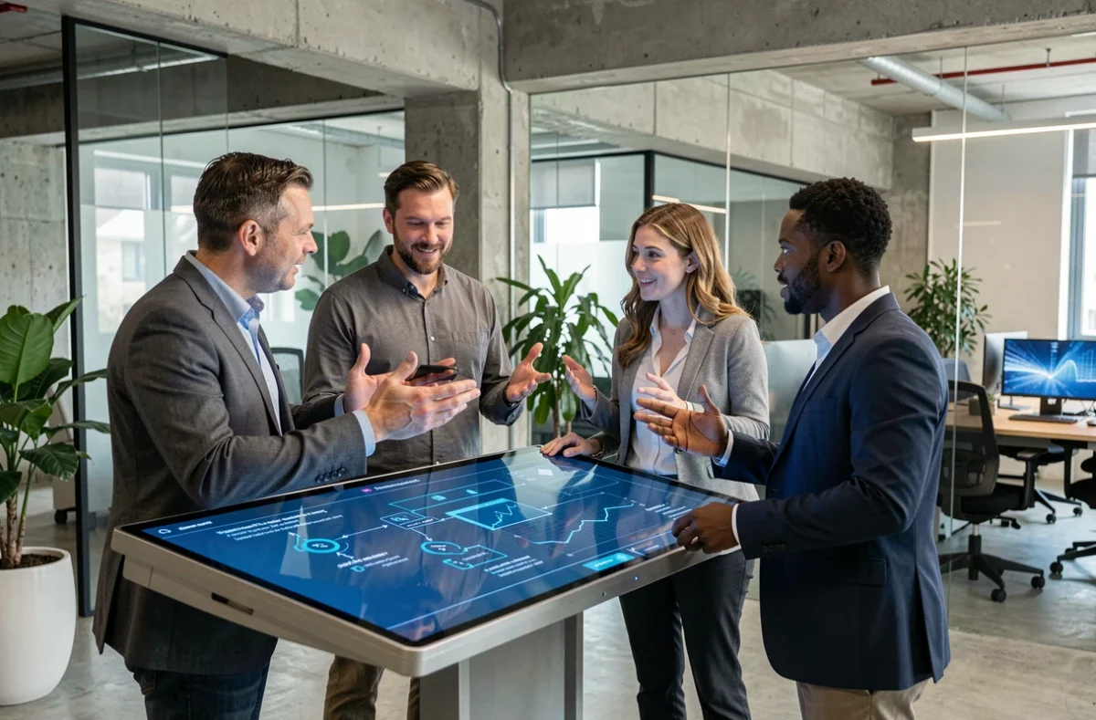 Équipe de professionnels discutant de l'éthique de l'intelligence artificielle autour d'un écran interactif dans un bureau moderne