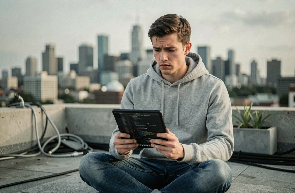 Jeune développeur réfléchissant à l'éthique numérique sur un toit urbain avec une tablette affichant du code
