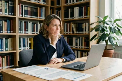 Philosophe ou chercheuse réfléchissant à l'éthique de la technologie dans un bureau universitaire entouré de livres