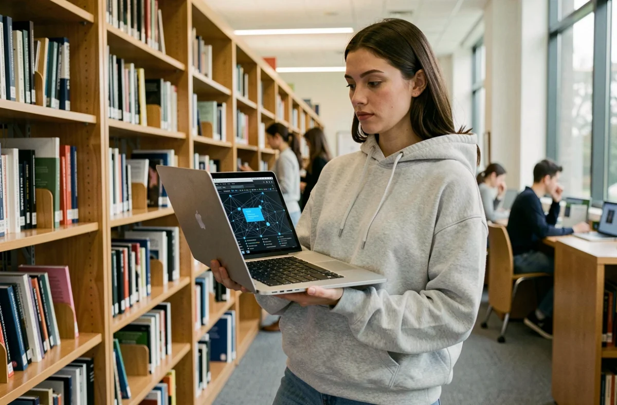 Étudiante consultant un schéma de réseau web sur un ordinateur portable dans une bibliothèque universitaire