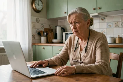 Femme âgée face à un ordinateur portable, illustrant l'exclusion numérique des seniors