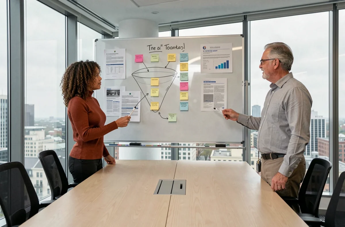 Deux experts en stratégie numérique collaborant sur l'avenir du SEO avec des rapports d'audit de contenu IA dans une salle de réunion