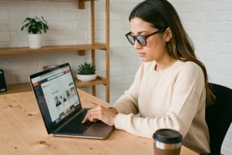 Femme consultant un site e-commerce Shopify sur un ordinateur portable dans un bureau minimaliste pour optimiser son expérience d'achat en ligne