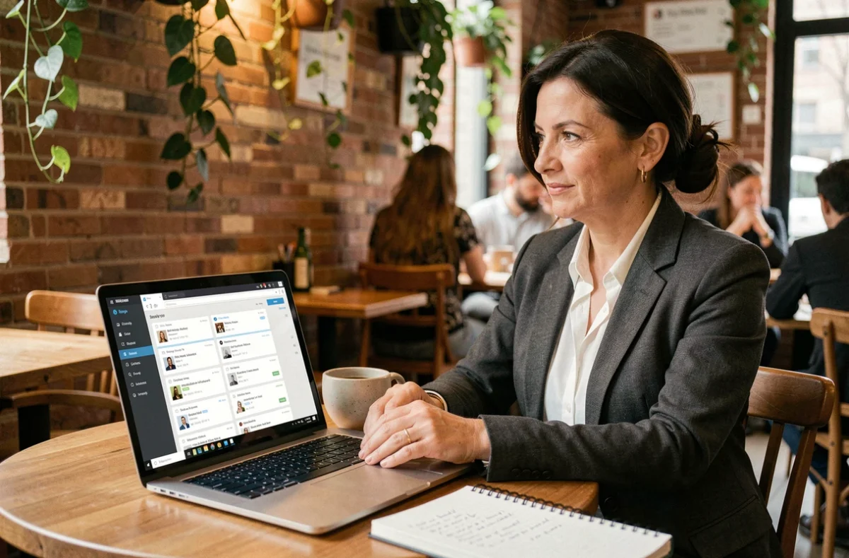 Femme marketing analysant des variantes de campagnes email en A/B testing sur un ordinateur portable dans un café urbain avec un carnet de notes