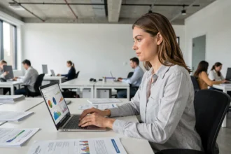 Femme analysant des données de site web sur un ordinateur portable dans un bureau moderne