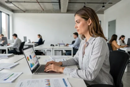 Femme analysant des données de site web sur un ordinateur portable dans un bureau moderne
