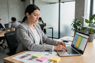 Femme analyste triant des données sur un bureau avec des graphiques et des notes colorées représentant les quatre types de données