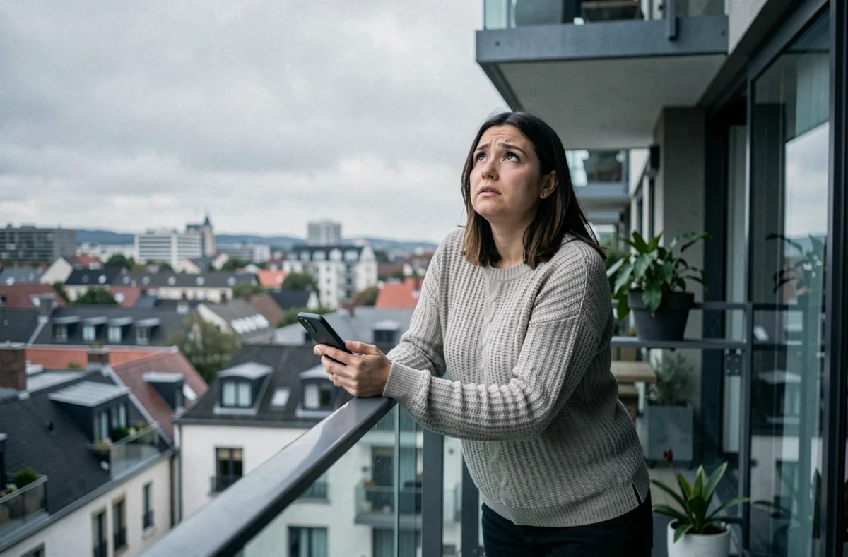 Femme sur un balcon d'appartement scrutant le ciel avec son smartphone, méfiante face à un drone potentiel