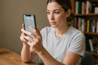 Femme consultant la barre d'état de son smartphone dans un bureau à domicile