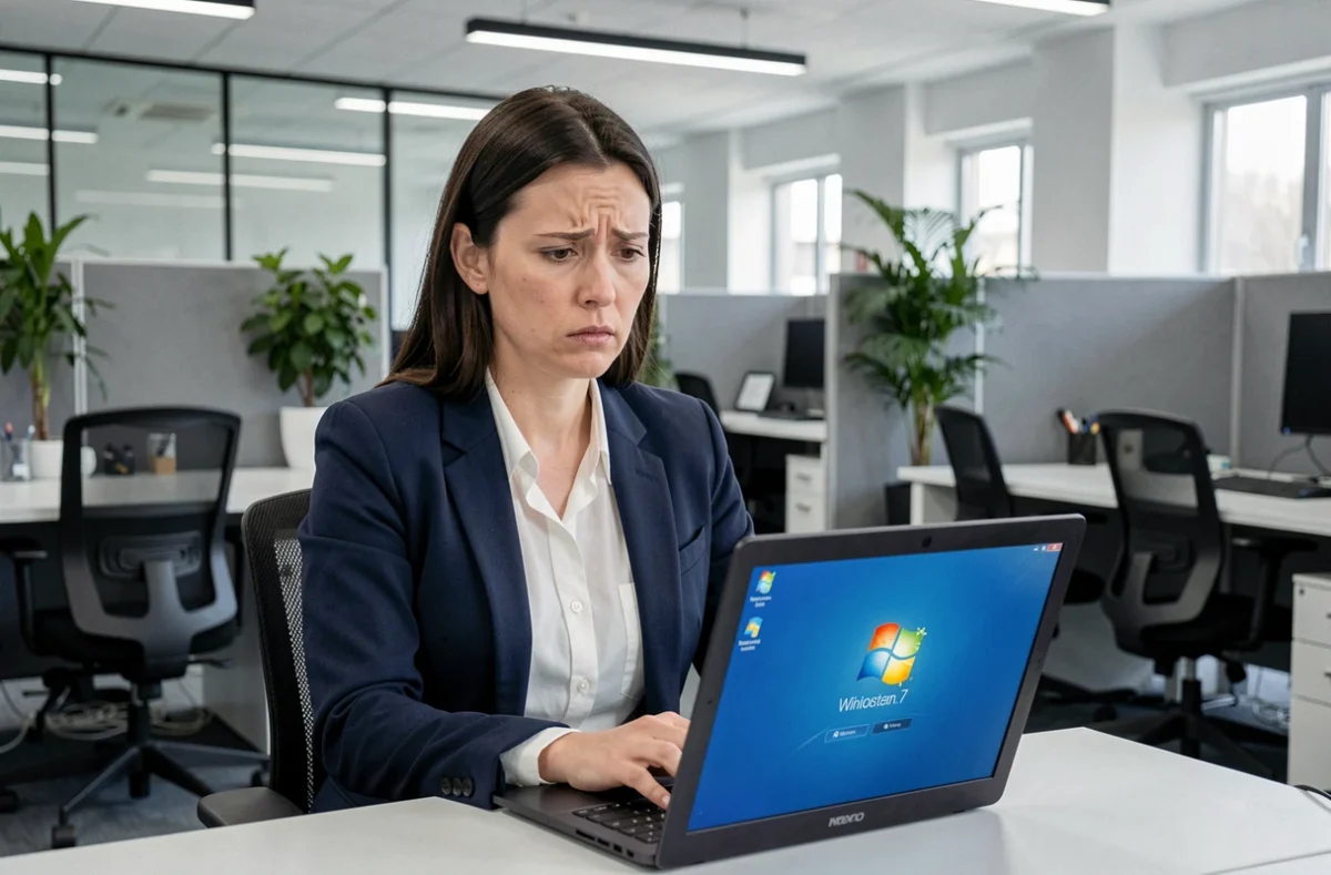 Une femme en bureau moderne face à un écran affichant Windows 7, illustrant la question de la compatibilité du système d'exploitation