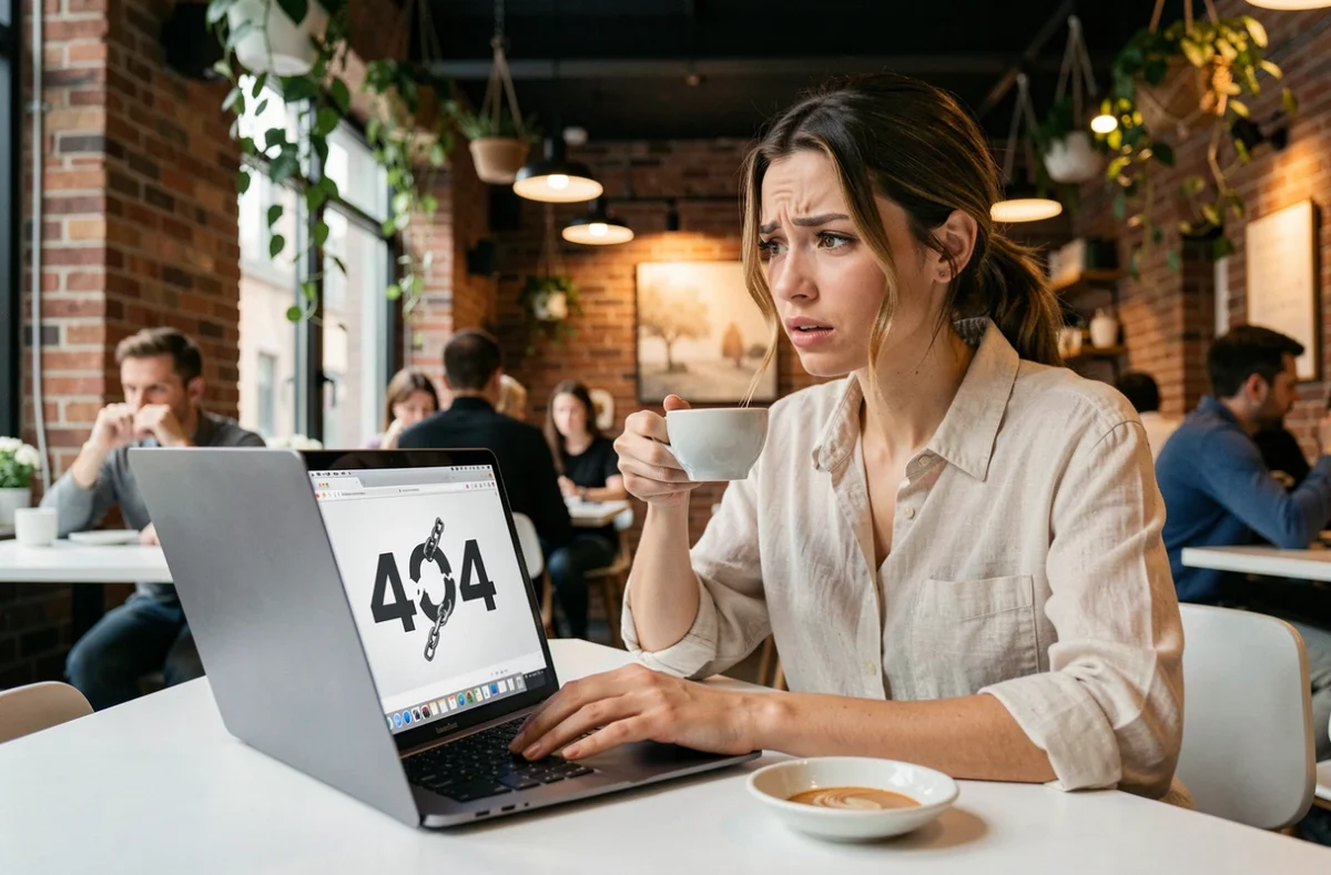 Jeune femme dans un café découvrant une page d'erreur 404 sur son ordinateur portable