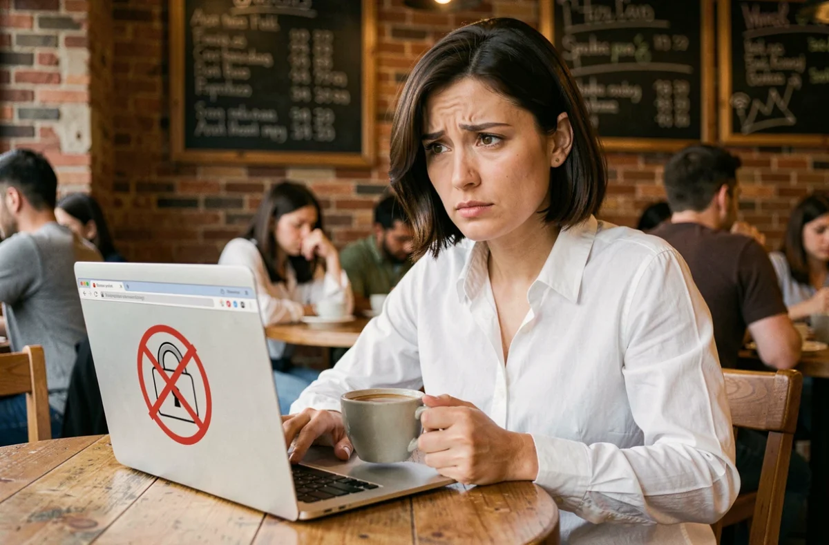 Femme en café public découvrant un site web non sécurisé en HTTP sur son ordinateur portable
