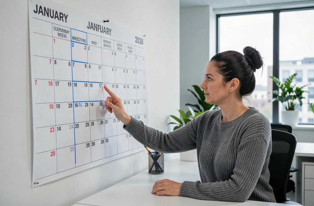 Femme en pull gris pointant un calendrier mural janvier 2026 avec numéros de semaines dans un bureau moderne