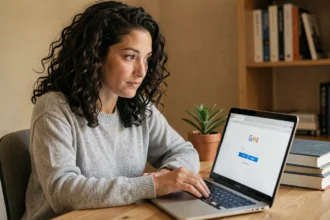 Femme consultant une page de connexion Google sur son ordinateur portable dans un bureau à domicile