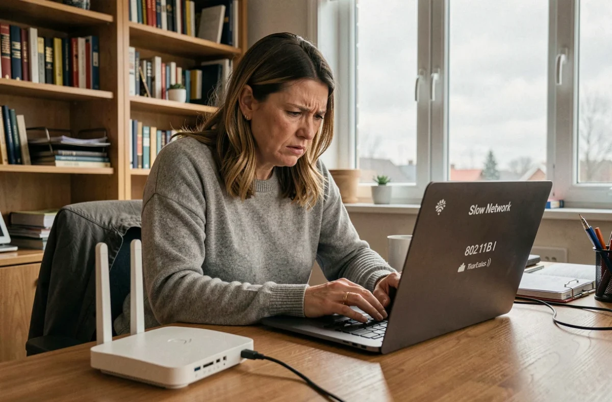 Femme frustrée par une connexion Wi-Fi lente sur un ancien point d'accès sans fil à son bureau à domicile, symbolisant les limites du Wi-Fi legacy