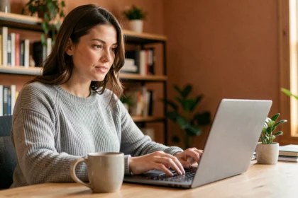 Femme utilisant sa messagerie email sur un ordinateur portable dans un bureau à domicile moderne