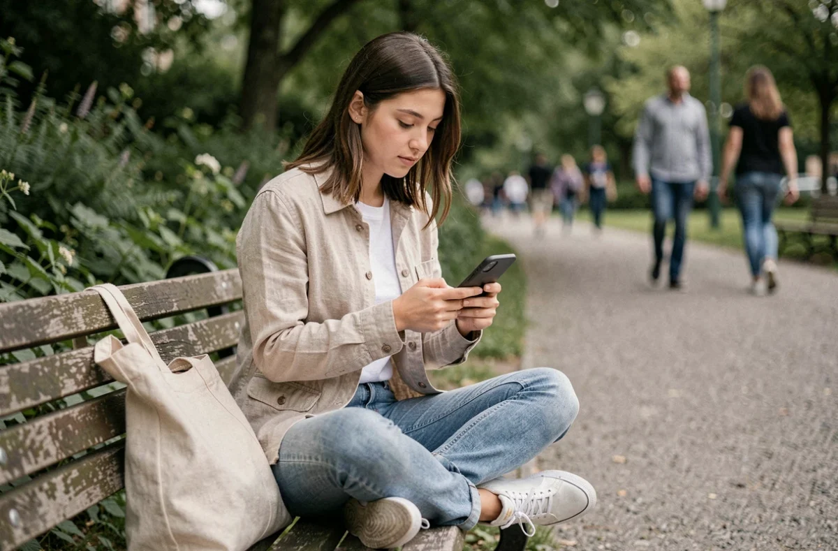 Jeune femme lisant ses emails sur smartphone assise sur un banc dans un parc urbain