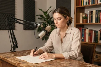 Femme enregistrant un podcast en français dans un home studio avec microphone professionnel et notes manuscrites