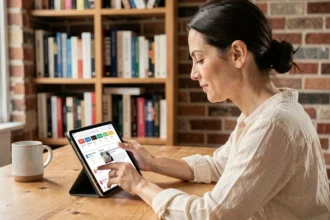 Femme consultant un flux RSS sur une tablette dans un bureau à domicile