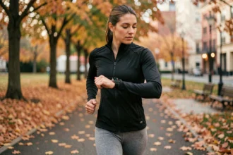 Femme joggeuse consultant sa montre connectée Google Pixel Watch pendant une course en parc urbain à l'automne