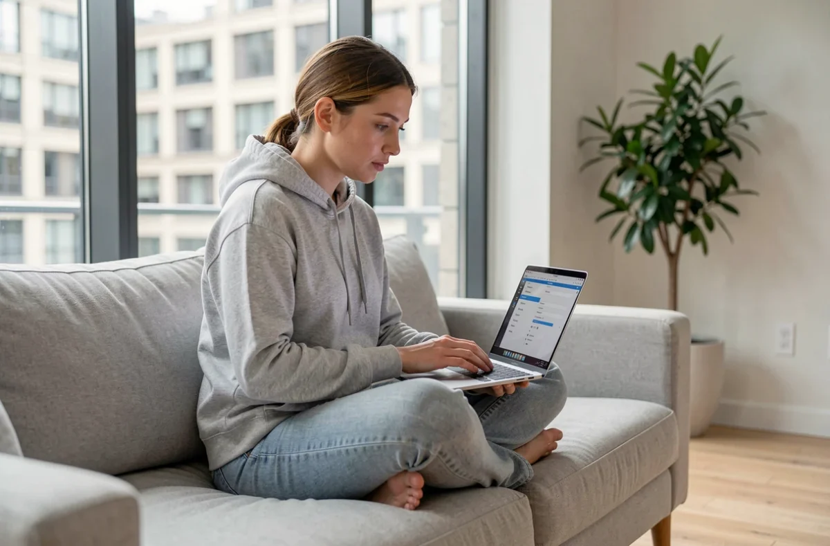 Femme vérifiant la compatibilité Wi-Fi 6E de son ordinateur portable dans un salon moderne