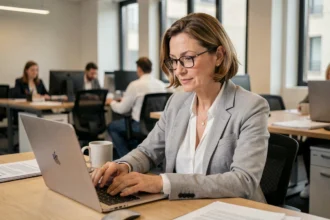Femme professionnelle utilisant un logiciel de bureautique sur un ordinateur portable dans un bureau moderne