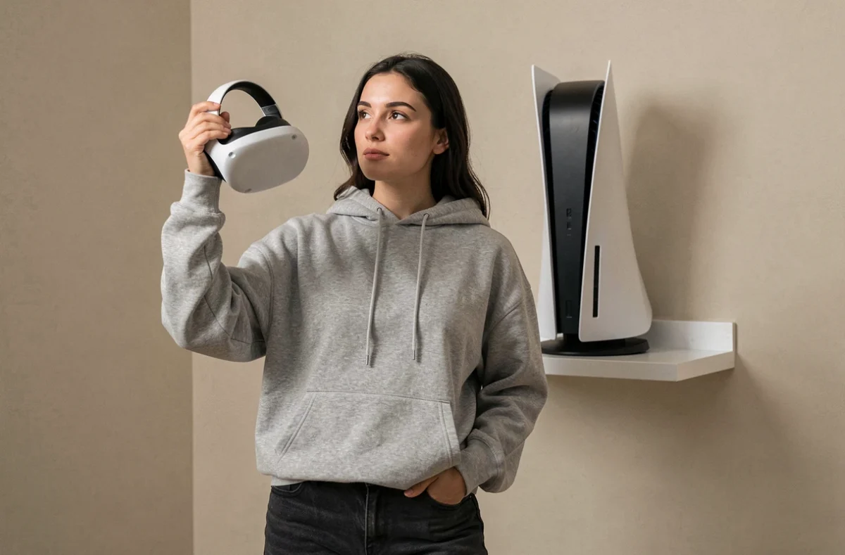 Femme tenant un casque Meta Quest Pro devant une console PS5 montée sur une étagère murale blanche