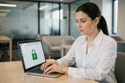 Femme utilisant un navigateur sécurisé HTTPS sur un ordinateur portable dans un bureau moderne