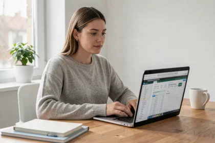 Femme travaillant sur un outil IA de rédaction SEO depuis son bureau à domicile