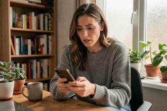 Femme consultant son smartphone et découvrant une publicité ciblée dans son bureau à domicile
