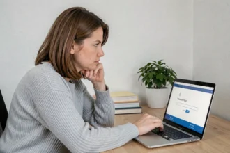 Femme concentrée devant un ordinateur portable affichant une page de réinitialisation de mot de passe