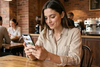 Jeune femme consultant son téléphone sur les réseaux sociaux dans un café urbain en 2026