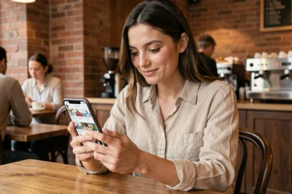 Jeune femme consultant son téléphone sur les réseaux sociaux dans un café urbain en 2026