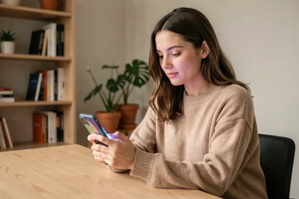 Jeune femme consultant les réseaux sociaux sur son smartphone dans un bureau moderne et épuré en 2026