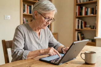 Femme d'une cinquantaine d'années utilisant facilement une tablette numérique dans sa cuisine, expression concentrée et détendue