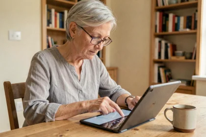 Femme d'une cinquantaine d'années utilisant facilement une tablette numérique dans sa cuisine, expression concentrée et détendue