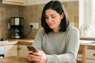 Femme consultant son smartphone connecté dans une cuisine moderne, illustrant les objets connectés les plus vendus au monde