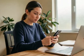 Femme consultant son smartphone exposée à de la publicité ciblée sur les réseaux sociaux