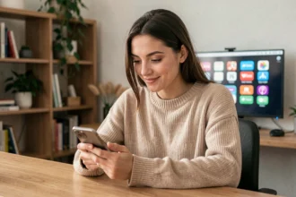 Jeune femme consultant son smartphone pour comparer les plateformes de médias sociaux depuis un bureau à domicile moderne