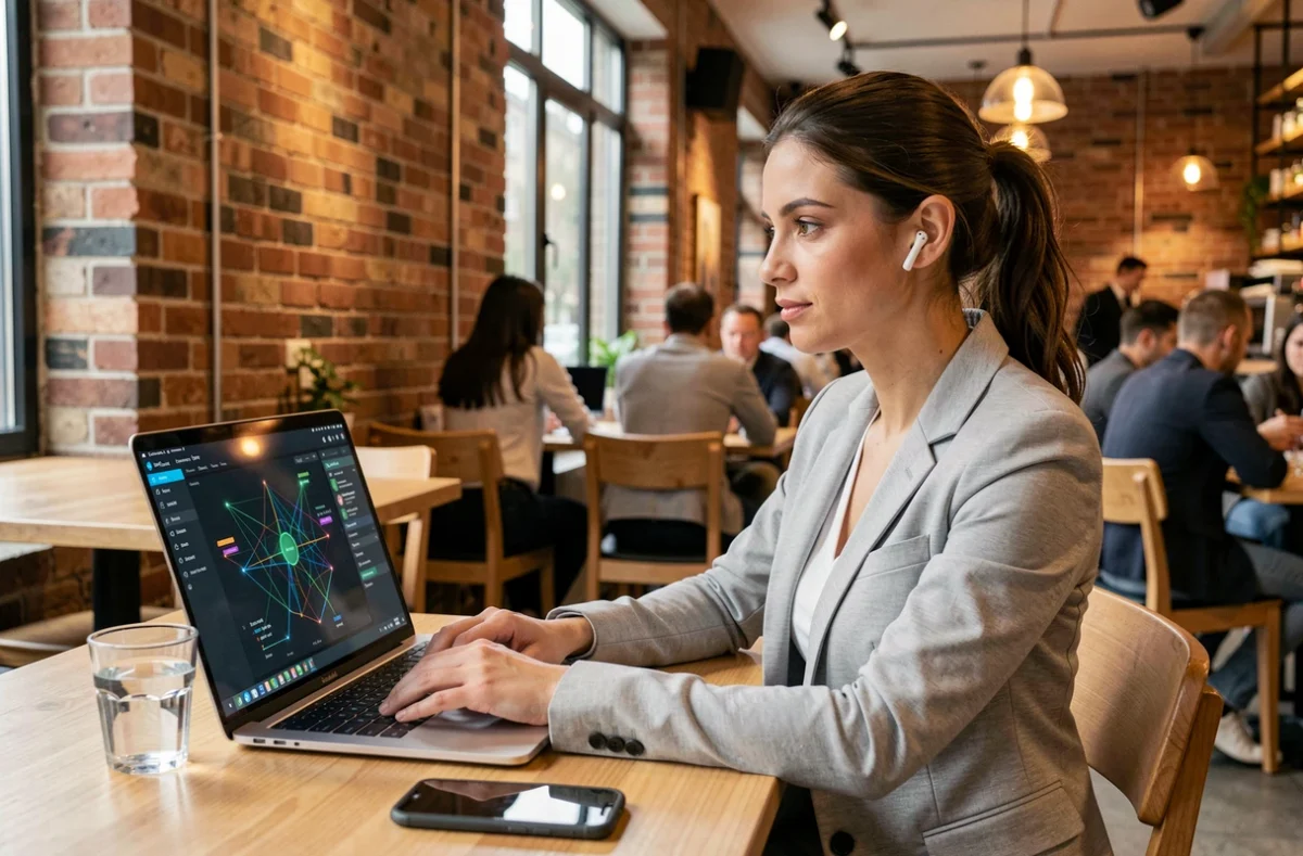 Femme vérifiant la sécurité de son VPN dans un café urbain sur son ordinateur