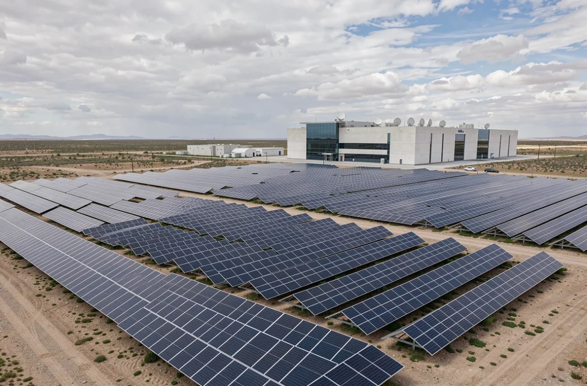 Ferme solaire photovoltaïque alimentant un centre de données moderne en énergie renouvelable